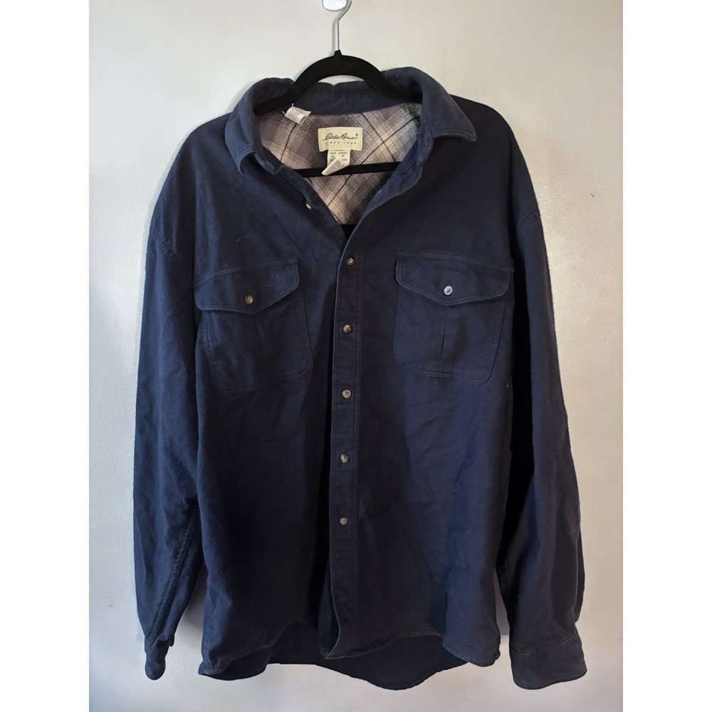VTG 90s Eddie Bauer Flannel Lined Denim Shirt Jacket Blue Plaid Mens XL Shacket